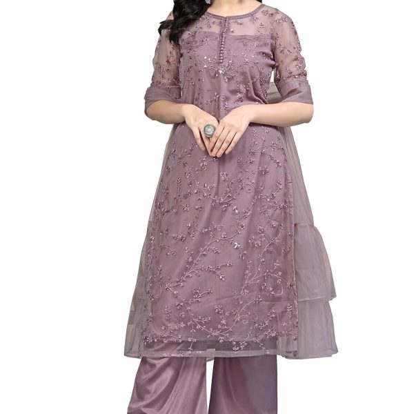 TRENDMALLS Women's Net Embroidery Sequence Work Kurta Palazzo Set with Dupatta Kurta Set for Women