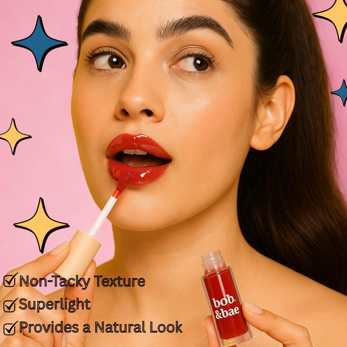 Bob & Bae Lip Gloss - Super Shine & Non-Sticky, with Subtle Tint, Hydrates, Nourishes & Protects Lips with Hyluronic Acid, Plumping Effect, Enriched with Niacinamide,Vegan, 2 Ml (Berrylicious) - Image 3