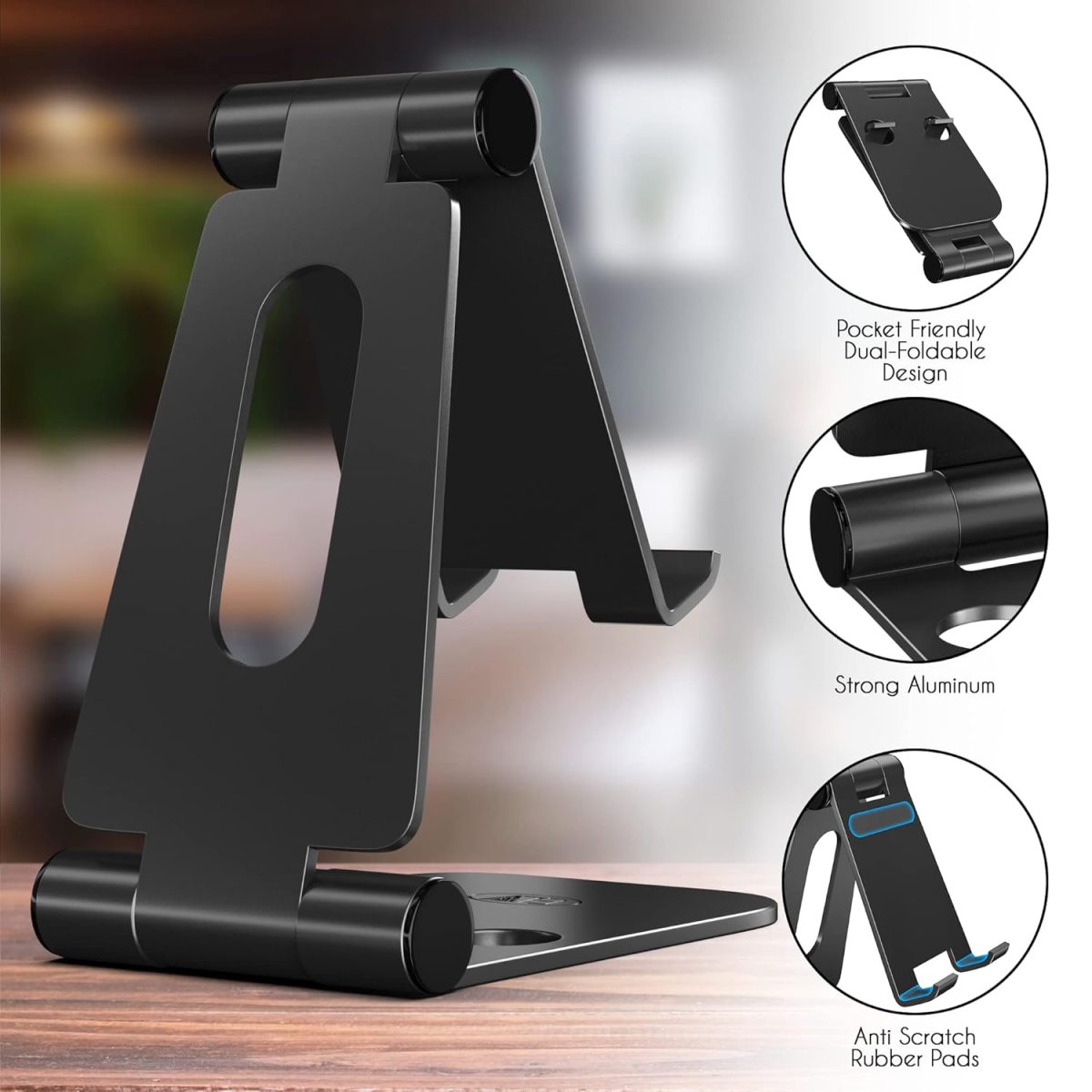 ELV Aluminum Adjustable Mobile Phone Foldable Holder Tabletop Stand, Dock Mount for All Smartphones, Tabs, Kindle, iPad (Black) - Image 6