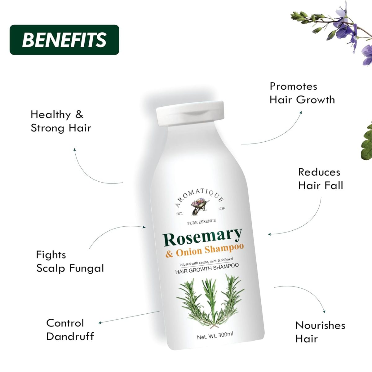 Aromatique Rosemary Shampoo for Hair Growth Enriched with Onion, Castor Oil & Shikakai Extract | Reduces Hair Fall & Controls Dandruff 300ml - Image 3