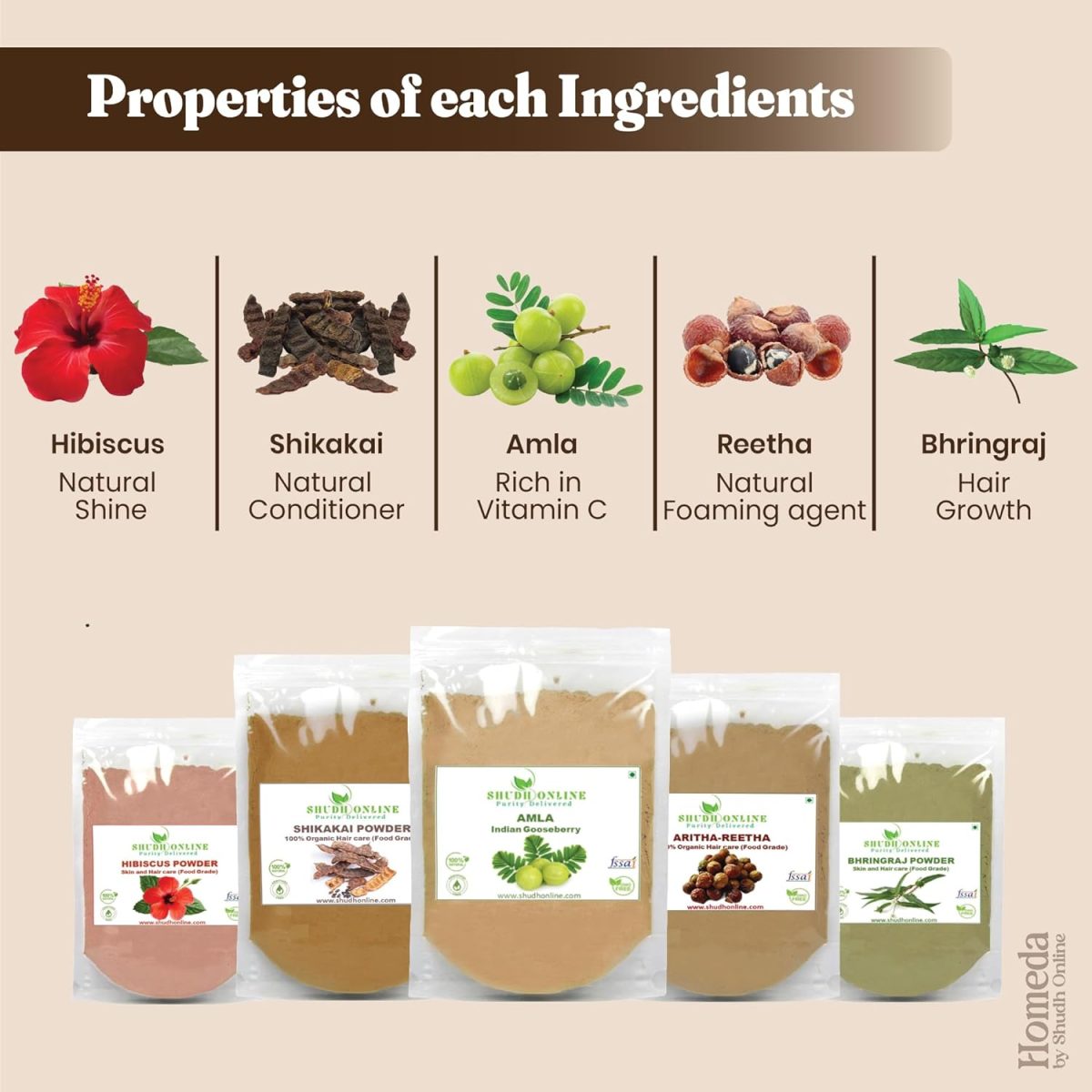 Shudh Online Amla, Reetha, Bhringraj, Shikakai & Hibiscus Powder combo for hair growth (50 grams each) - Image 5