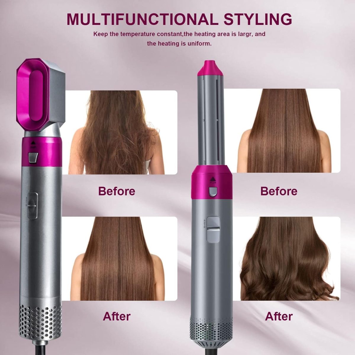 5 in 1 Hot Air Brush Hair Dryer & Volumizer, 1000W Multifunctional Hair Styler Tool for Women | Detachable Blow Dryer Brush, Hair Straightener, Curler, Crimper, Auto-Wrap Rotating Comb, Negative Ion Frizz-Free Technology | Professional Salon-Quality Fast Drying, 3 Heat Settings, Lightweight Portable Design, Suitable for All Types Styling & Scalp Massager - Image 2