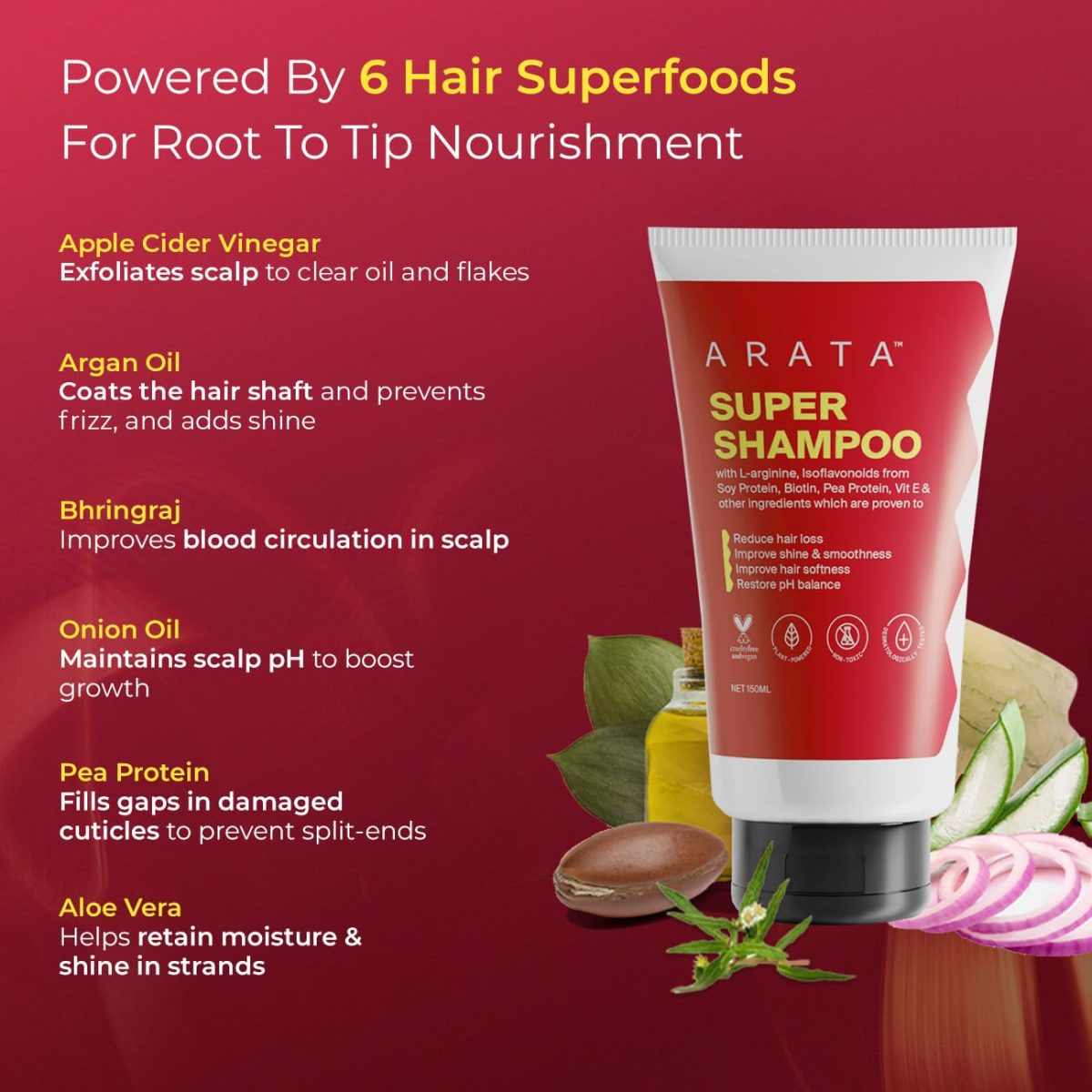Arata Super Shampoo (150ml) with Argan Oil, Biotin & Soy Protein| Prevents Hair loss | Boosts Hair Thickness | Reduces Breakage | Fights Microbial Infections | Adds Shine | Shampoo For Women & Men - Image 4