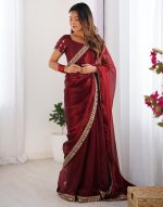 SIRIL Women's Shimmer Chiffon Lace Border Saree With Unstitched Blouse Piece - Image 3