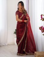 SIRIL Women's Shimmer Chiffon Lace Border Saree With Unstitched Blouse Piece - Image 6