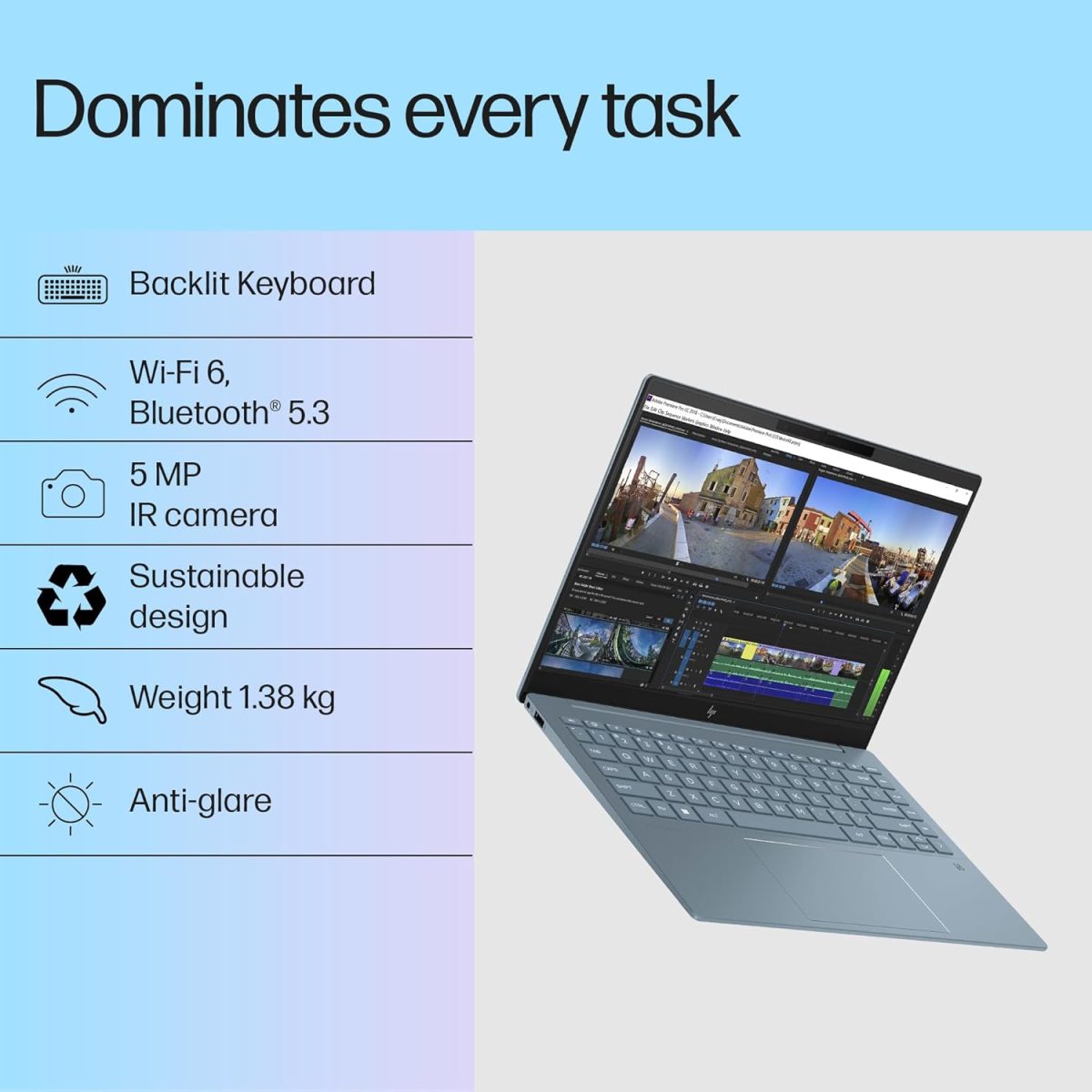 HP Pavilion Plus, 13th Gen Intel Core i5-1335U Laptop, (16GB LPDDR5x,512GB SSD), IPS, 300 nits, 14''(35.6cm) 2K,Win 11, M365 Basic(1yr), Office Home 24, Blue,1.38kg, 5MP Camera w/Shutter,ew0108TU - Image 3