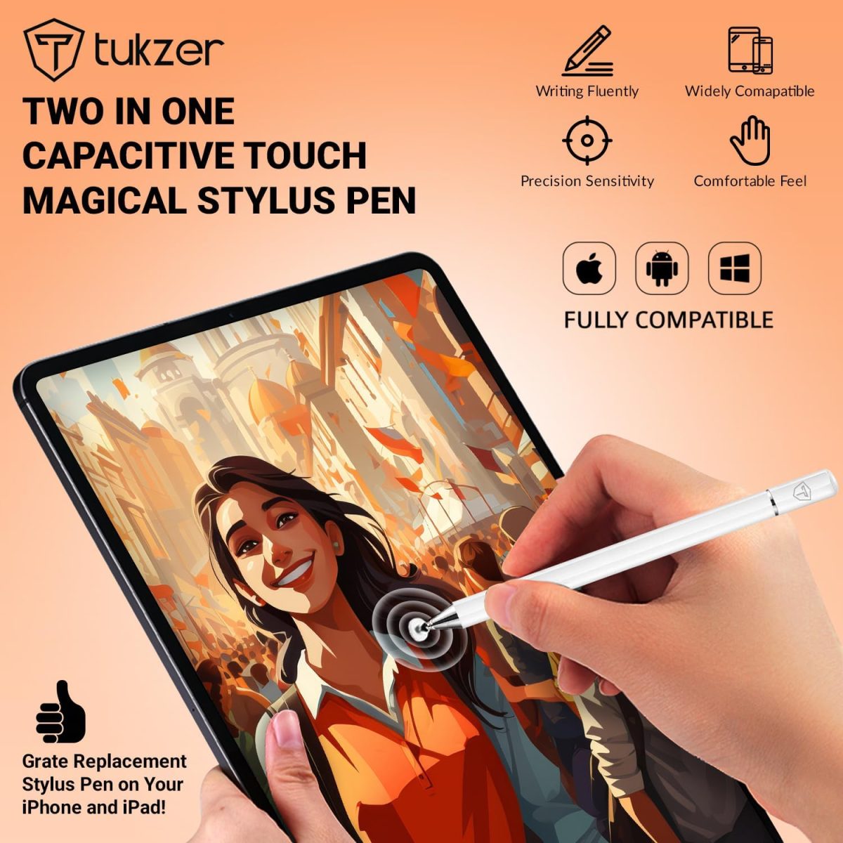 Tukzer Universal Stylus Pen for Smartphone/Tablet/iPad/Pro/Air/iPhone/iOS/Android/All Touch Screens Devices| Fine Point Disc Tip, Lightweight Aluminum Body Magnetic Cap Drawing Writing (White) - Image 3