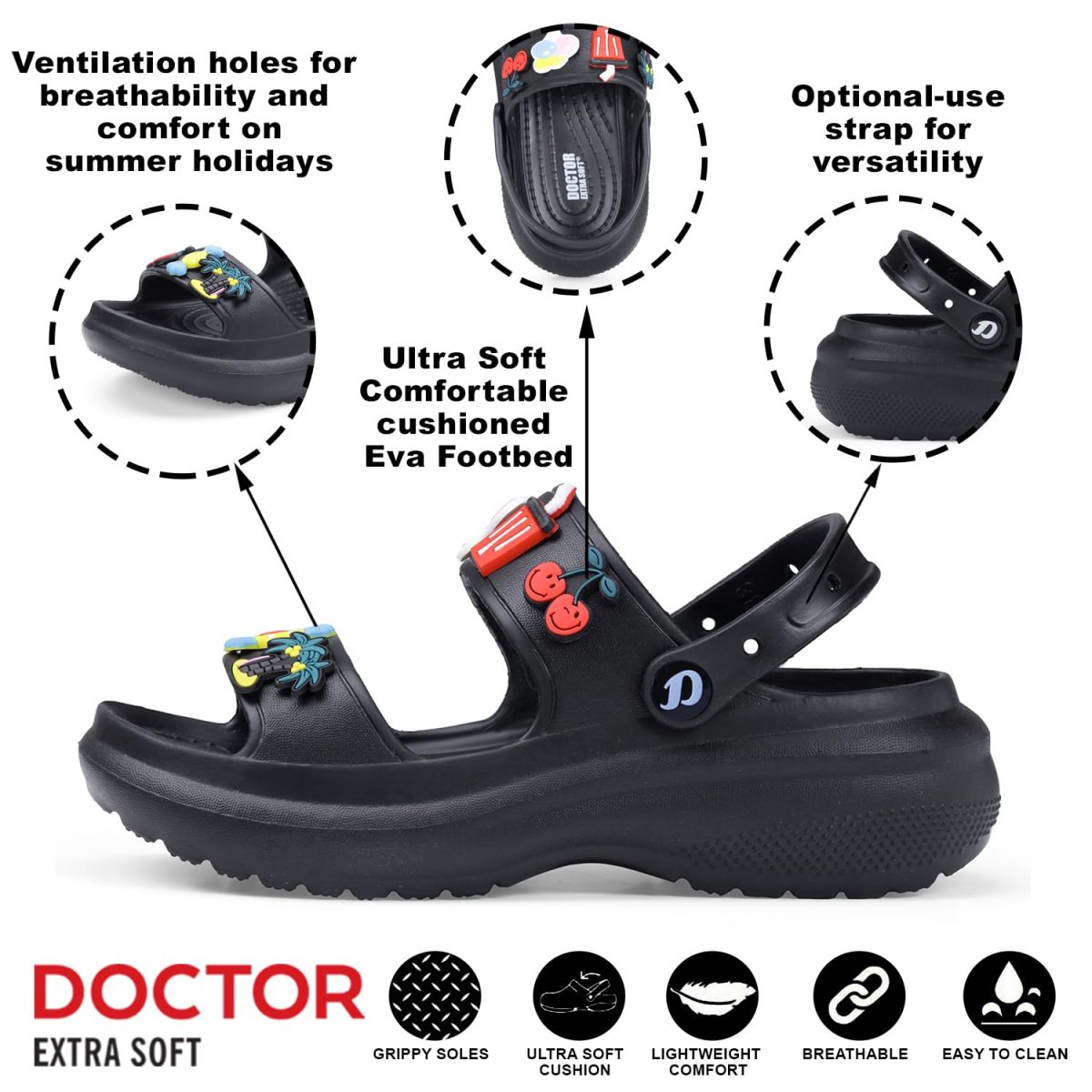 DOCTOR EXTRA SOFT Women's Classic Charms Cushion Sandals/Clogs with Adjustable Back Strap for Adult| Comfortable & LightWeight | Stylish & Anti-Skid | Waterproof Casual Daily Mules Girls & Ladies D-552 - Image 2