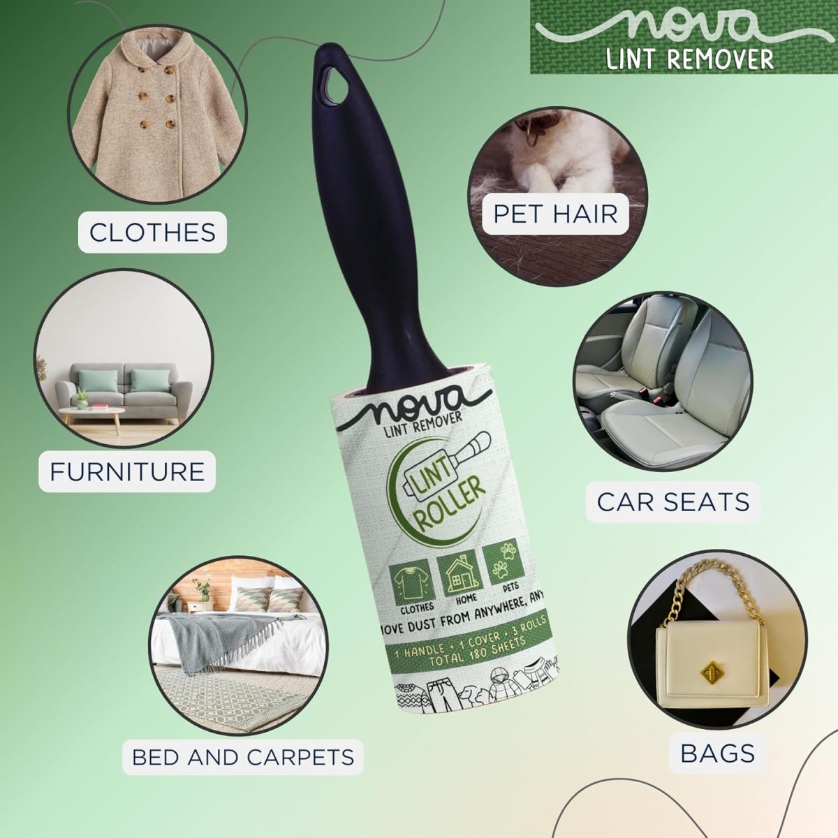 NOVA LINT REMOVER Lint Roller For Clothes Pet Hair Fur Remover From Clothes Lint Remover For Clothes Lint Remover Roller With Cover| 3 Refill (10 Cm) X 60 Sheets = 180 Sheets | - Image 3