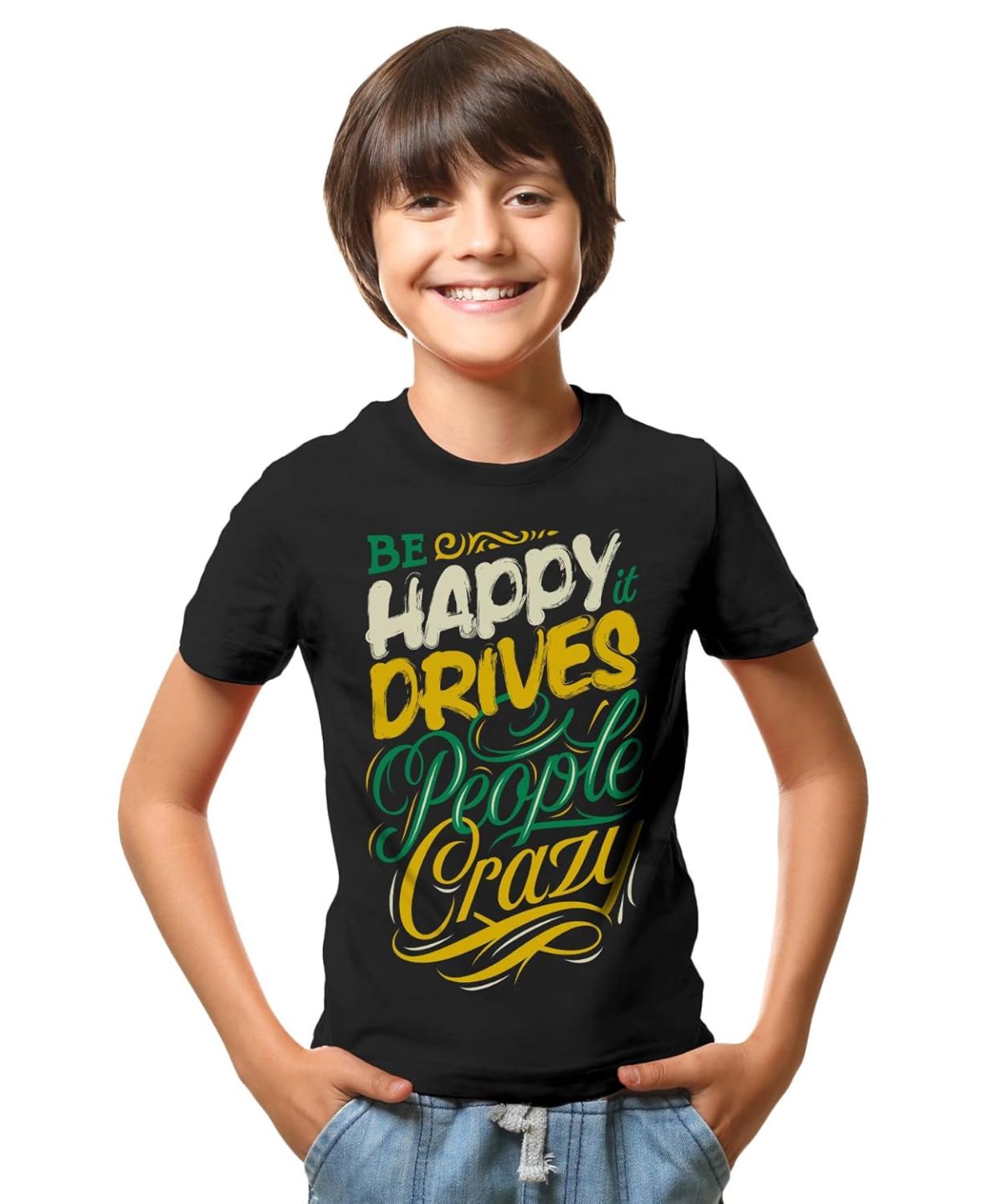 THREADCURRY Crazy Happy People | Funny Motivational Inspirational Quote Cotton Graphic Printed Tshirt for Boys Black