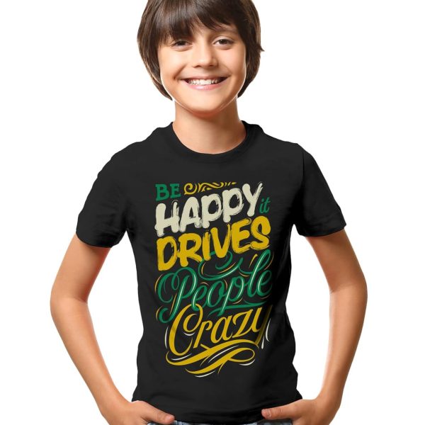 THREADCURRY Crazy Happy People | Funny Motivational Inspirational Quote Cotton Graphic Printed Tshirt for Boys Black