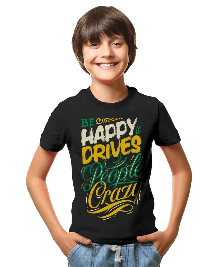 THREADCURRY Crazy Happy People | Funny Motivational Inspirational Quote Cotton Graphic Printed Tshirt for Boys Black