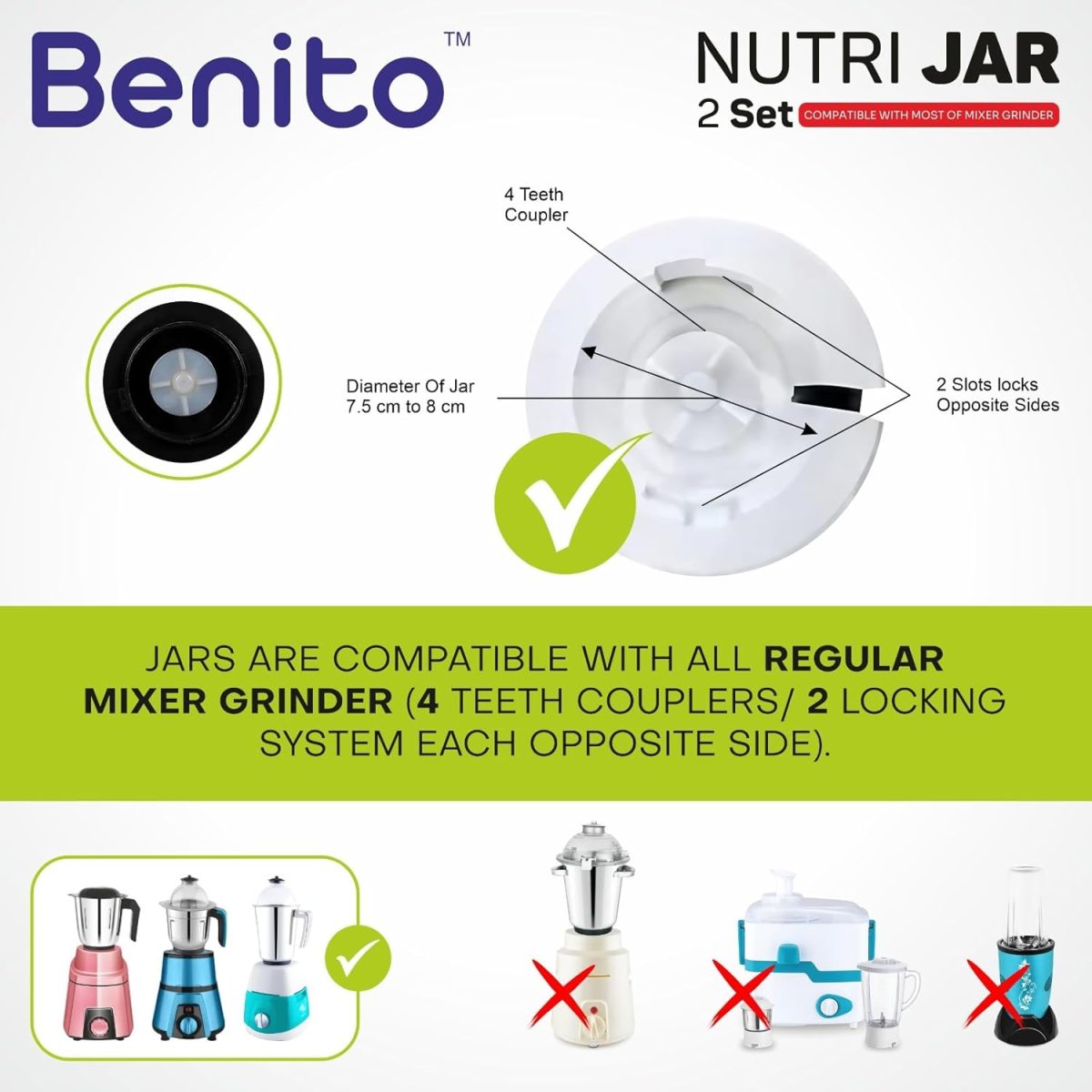 Benito NUTRI BULLET Polycarbonate 2 Jar Set (500ml & 300ml) for Mixer Grinder – Compatible with 4-Teeth Coupler & Dual Locking System - Image 4
