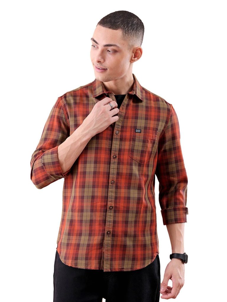 The Indian Garage Co Men's Cotton Regular Fit Checkered Full Sleeves Cutaway Collar Casual Shirt