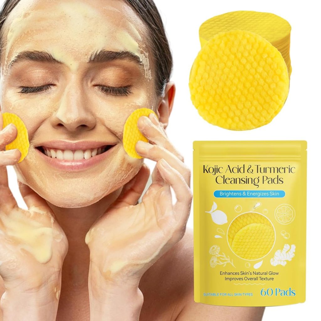Kojic Acid and Turmeric Cleansing Pads for Dark Spots, Skin Brightening & Acne Prevention, with Vitamin B5, Vitamin C, Turmeric Infused Foaming Exfoliating Pads, for Face for All Skin Types -60PCS (Pack of 1 (60Pcs))