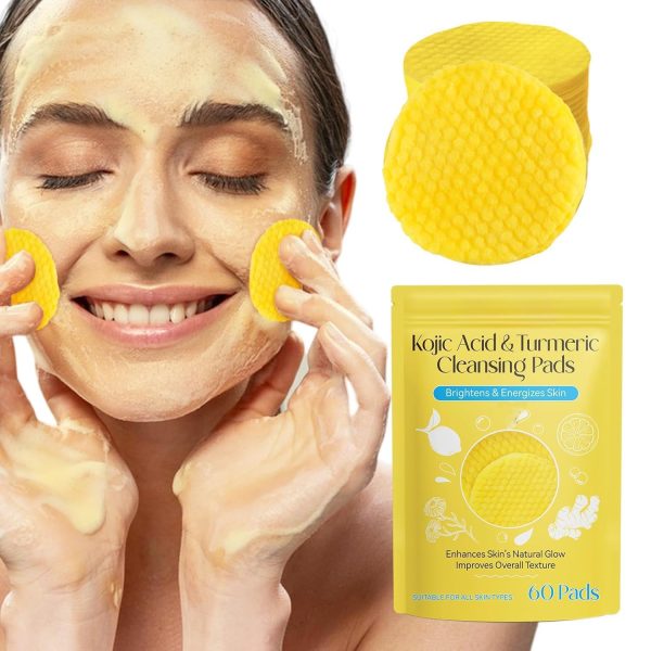 Kojic Acid and Turmeric Cleansing Pads for Dark Spots, Skin Brightening & Acne Prevention, with Vitamin B5, Vitamin C, Turmeric Infused Foaming Exfoliating Pads, for Face for All Skin Types -60PCS (Pack of 1 (60Pcs))