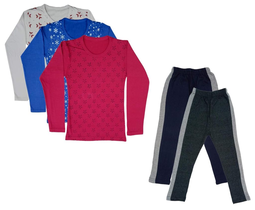 IndiWeaves Girls Cotton Full Sleeve Printed T-Shirts and Cotton Capri 3/4 Pants (Navy Blue,Dark Grey,White,Blue,Magenta,15-16 Years) Pack of 5
