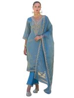 INDO ERA Women's Black Silk Blend Embroidered Straight Kurta & Pant with Dupatta Set (KH9BK6210)