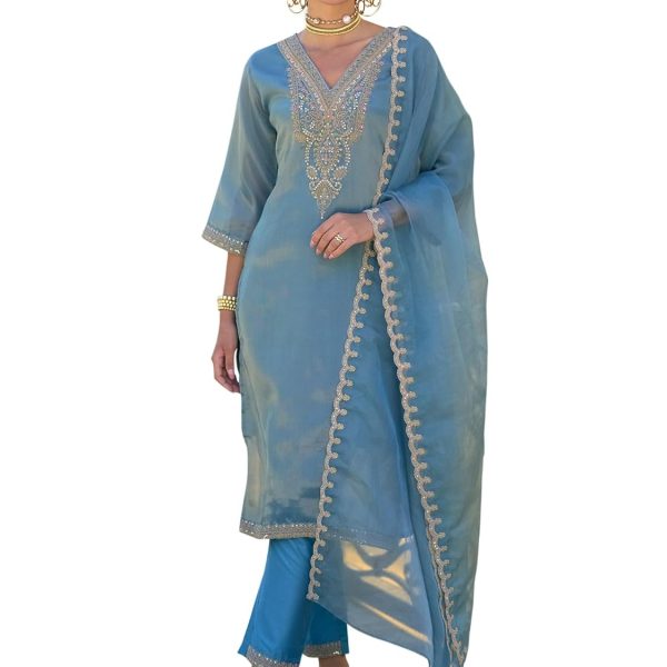 INDO ERA Women's Black Silk Blend Embroidered Straight Kurta & Pant with Dupatta Set (KH9BK6210)