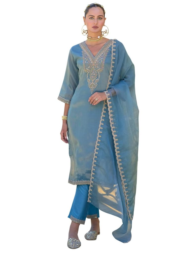 INDO ERA Women's Black Silk Blend Embroidered Straight Kurta & Pant with Dupatta Set (KH9BK6210)