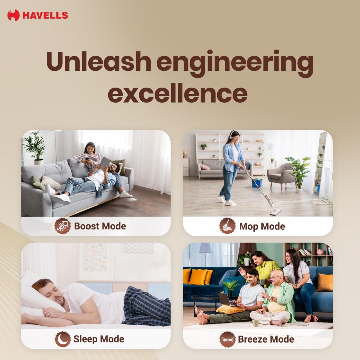 Havells FAB BLDC Ceiling Fan 1200mm, 350 RPM, Savings upto 65%, Reverse Rotation, 4 Modes (Boost, Sleep, Breeze, Mop), Low Wattage 30W, Low Noise, Air Flow:225 CMM, 3 Year Warranty, Cocoa Brown - Image 5