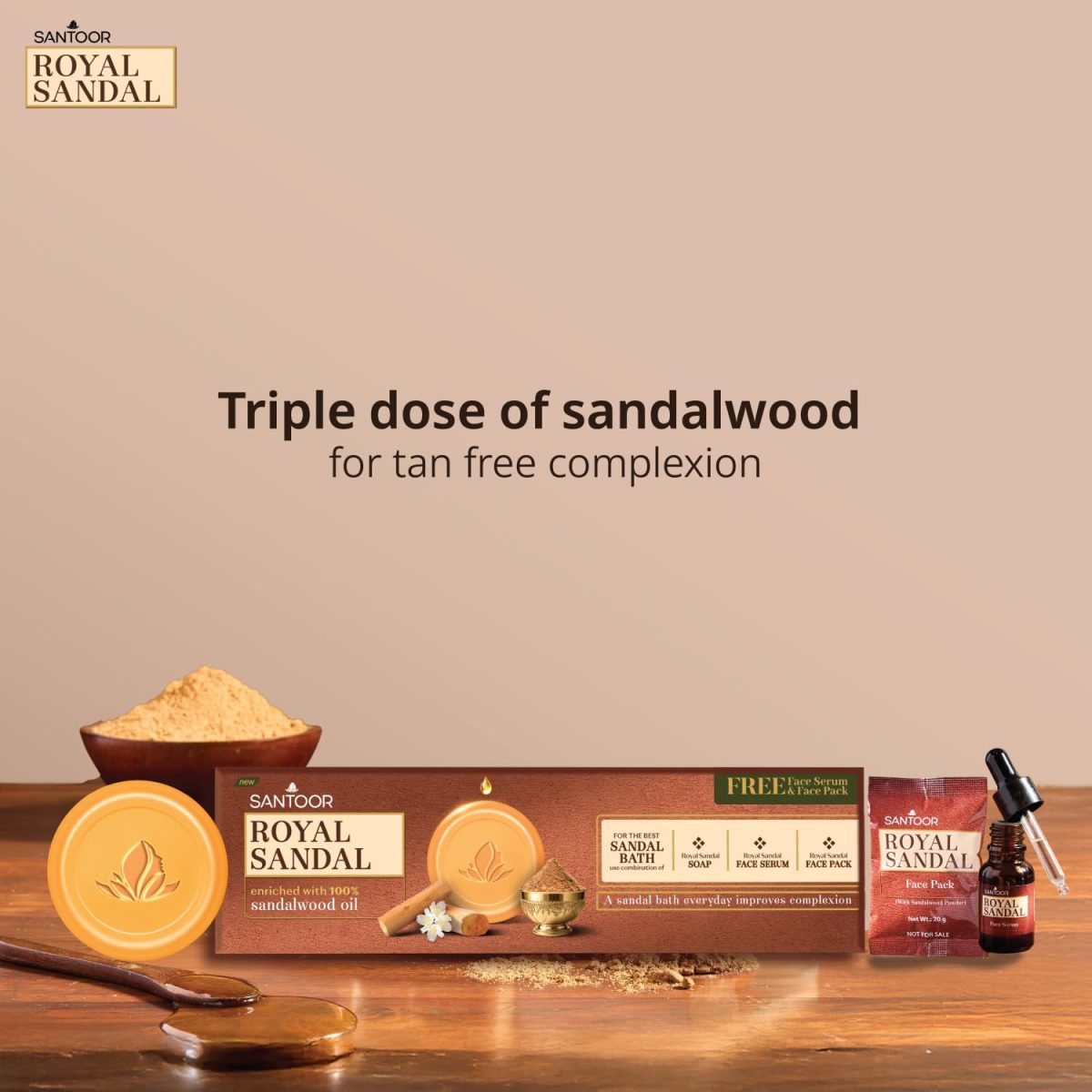 Santoor Royal Sandal Detan Pack | 3 Soaps (150g Each) + Free Serum (15ml) + Free Face Pack (20g) | 100% Sandalwood Oil & Powder | 3-Step Natural Detan | Reduces tan, Improves complexion, Even Skin Tone & Glow - Image 11