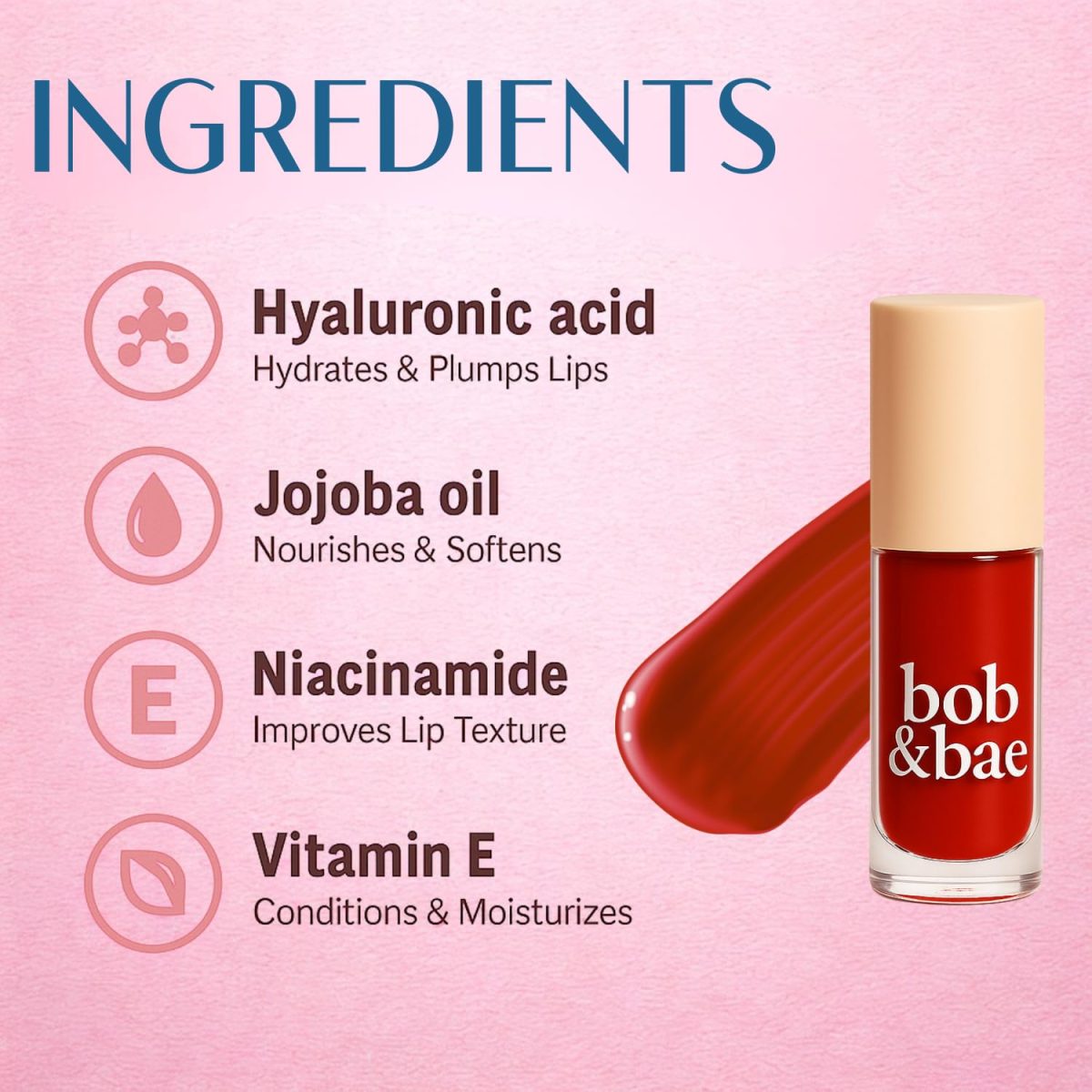 Bob & Bae Lip Gloss - Super Shine & Non-Sticky, with Subtle Tint, Hydrates, Nourishes & Protects Lips with Hyluronic Acid, Plumping Effect, Enriched with Niacinamide,Vegan, 2 Ml (Berrylicious) - Image 5