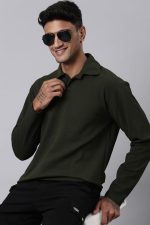 Men's Stylish Textured Full Sleeve Polo T-Shirt (Olive Green) - Image 2