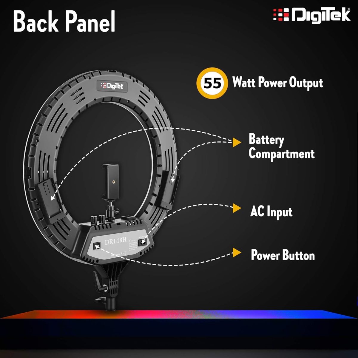DIGITEK® (DRL-18H C) 18 Inch LED Ring Light with 158cm Stand - AC/DC Power, Color Temperature Control, Lighting Intensity Control - Photography, Video, Makeup, and Live Streaming - USB Powered - Image 5