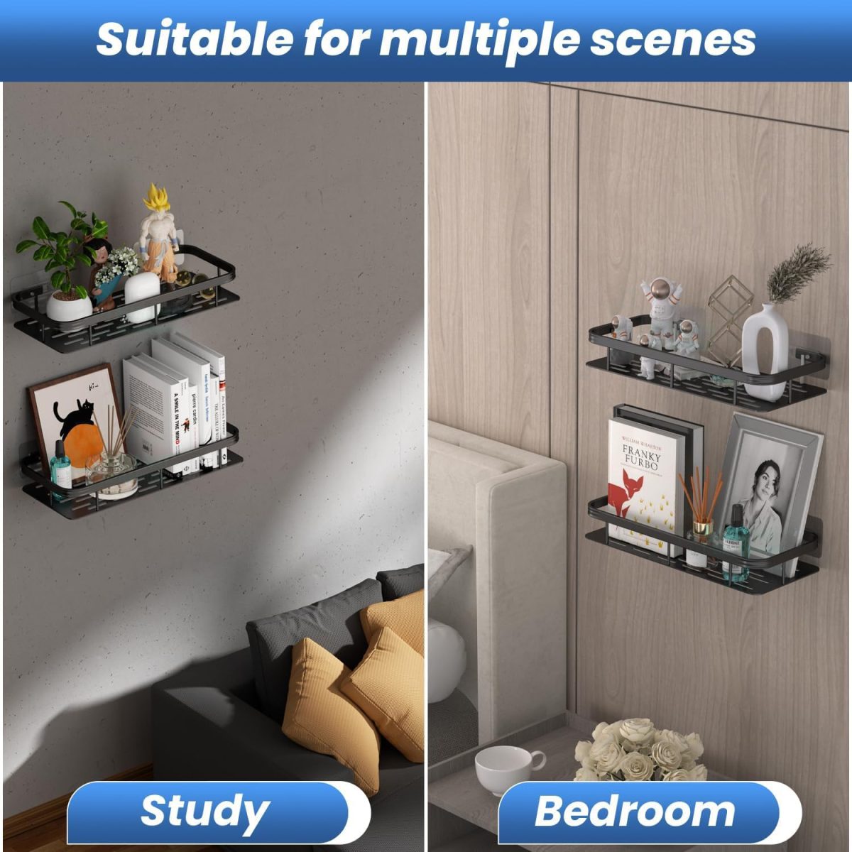 Misamo Enterprise Bathroom Wall Shelf Organiser, Adhesive Mount Storage Rack with Installation Kit (Shelf-Black, Pack of 2) - Image 5