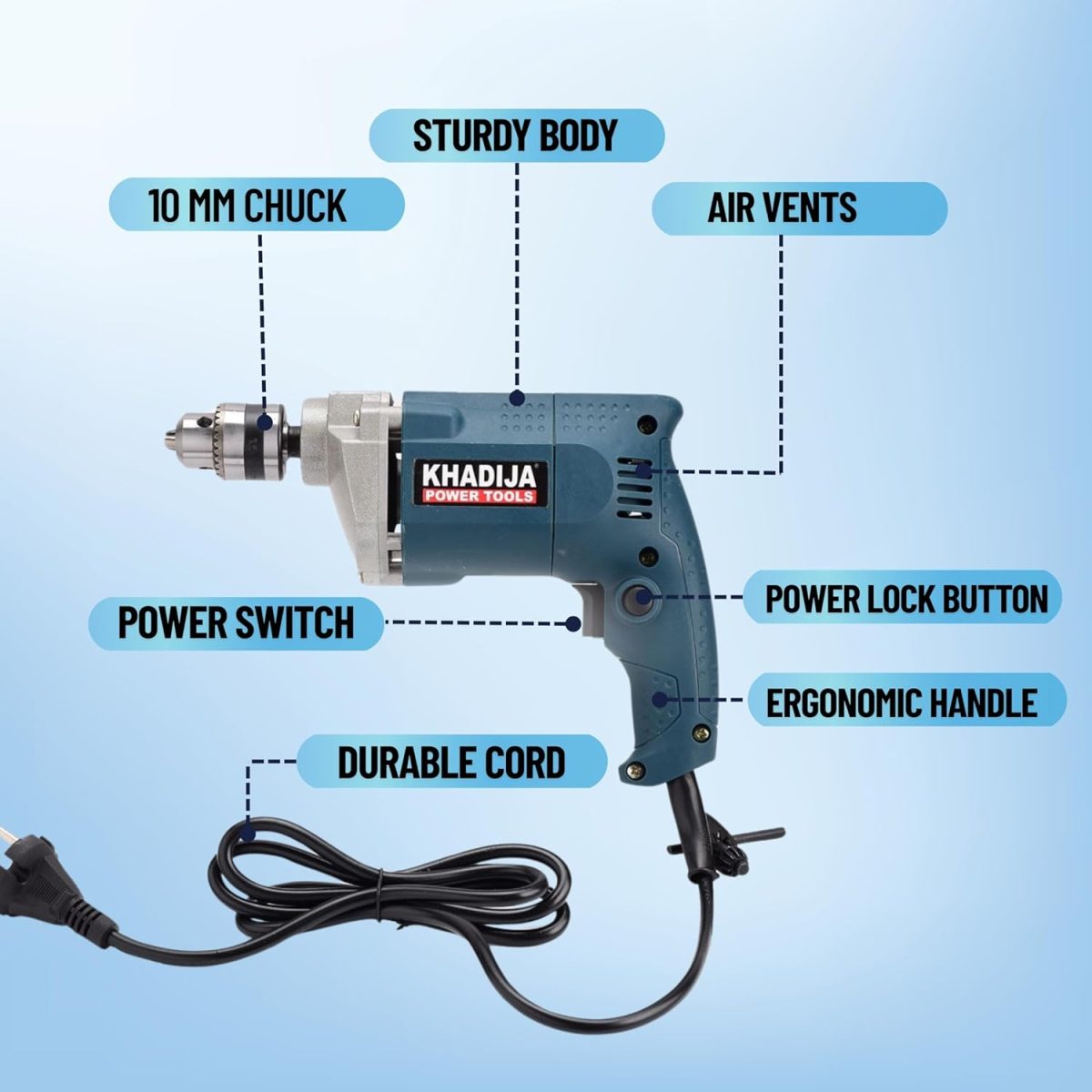 KHADIJA Drill Machine 10mm With Free 13Pcs HSS Drill Bits & 1Pc Masonary Bit Combo 6 Months Warranty (Blue) - Image 3