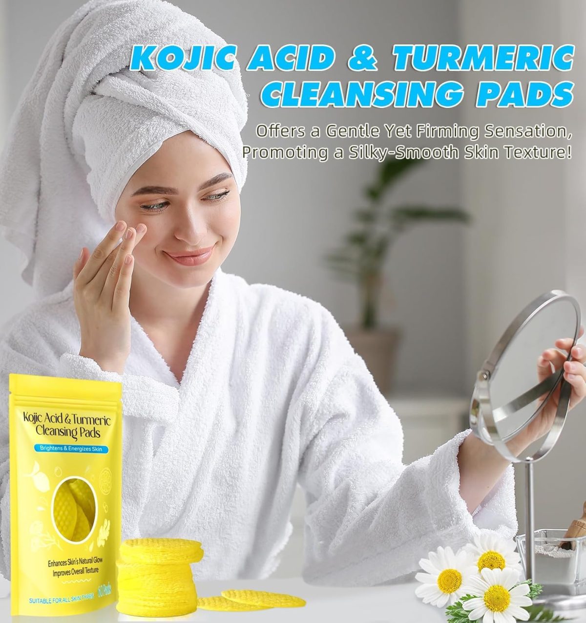 Kojic Acid and Turmeric Cleansing Pads for Dark Spots, Skin Brightening & Acne Prevention, with Vitamin B5, Vitamin C, Turmeric Infused Foaming Exfoliating Pads, for Face for All Skin Types -60PCS (Pack of 1 (60Pcs)) - Image 6