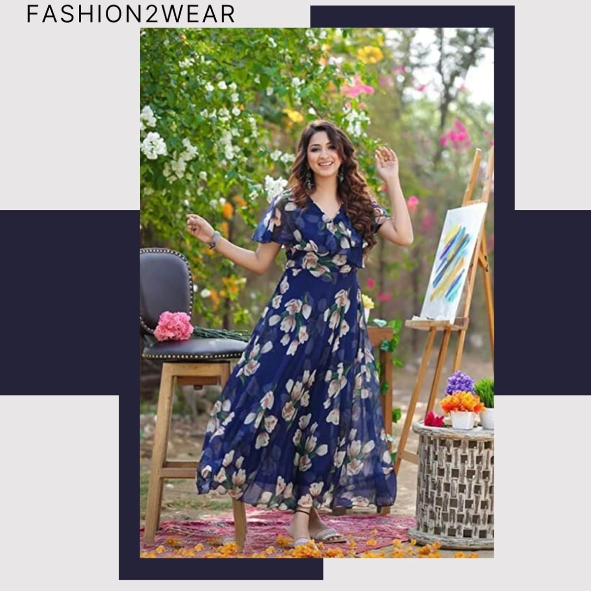 Fashion2wear Women's Georgette Casual Floral Digital Print Half Sleeve Knee Length Fit and Flare Long Maxi Gown Dress (Flower_Gown) - Image 4