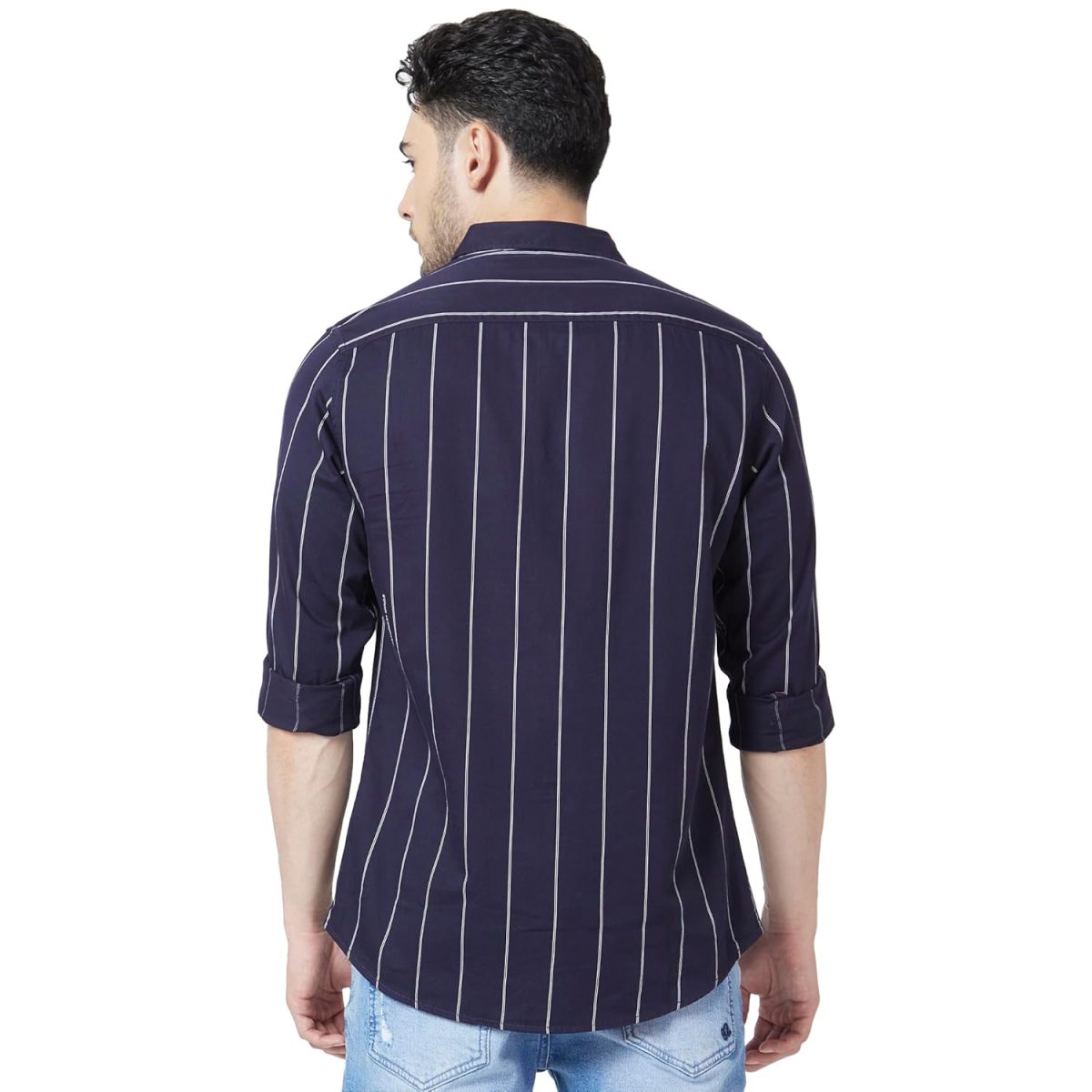Spykar Men Navy Blue Cotton Slim Fit Full Sleeve Striped Shirt - Image 3