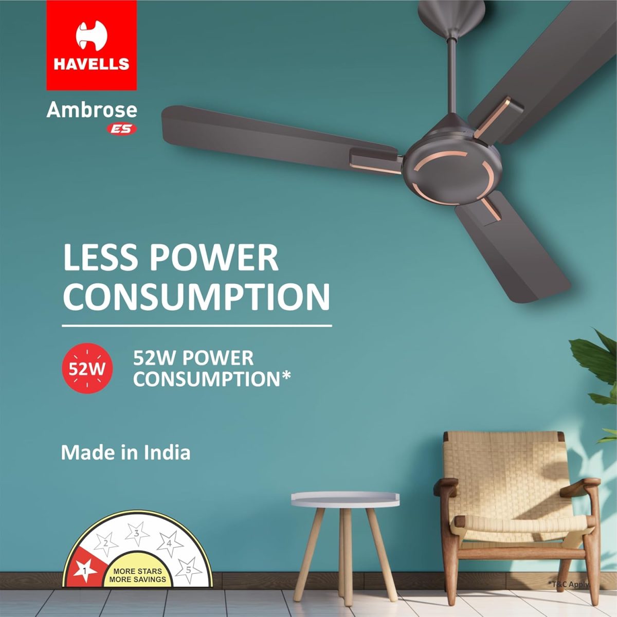 Havells 1200Mm Ambrose Es Ceiling Fan|Premium Matt Finish,Decorative Fan,Elegant Looks,High Air Delivery,Energy Saving,100% Pure Copper Motor|2 Year Warranty By Brand|3.8 stars,(Pack Of 1,Copper) - Image 2