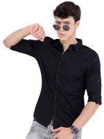 Highlander Men Cotton Solid Slim Fit Shirt (HLSH013832_Black, Large