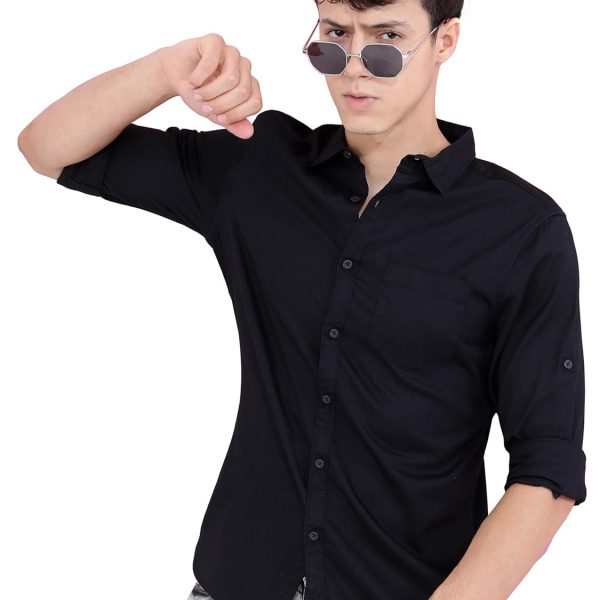 Highlander Men Cotton Solid Slim Fit Shirt (HLSH013832_Black, Large