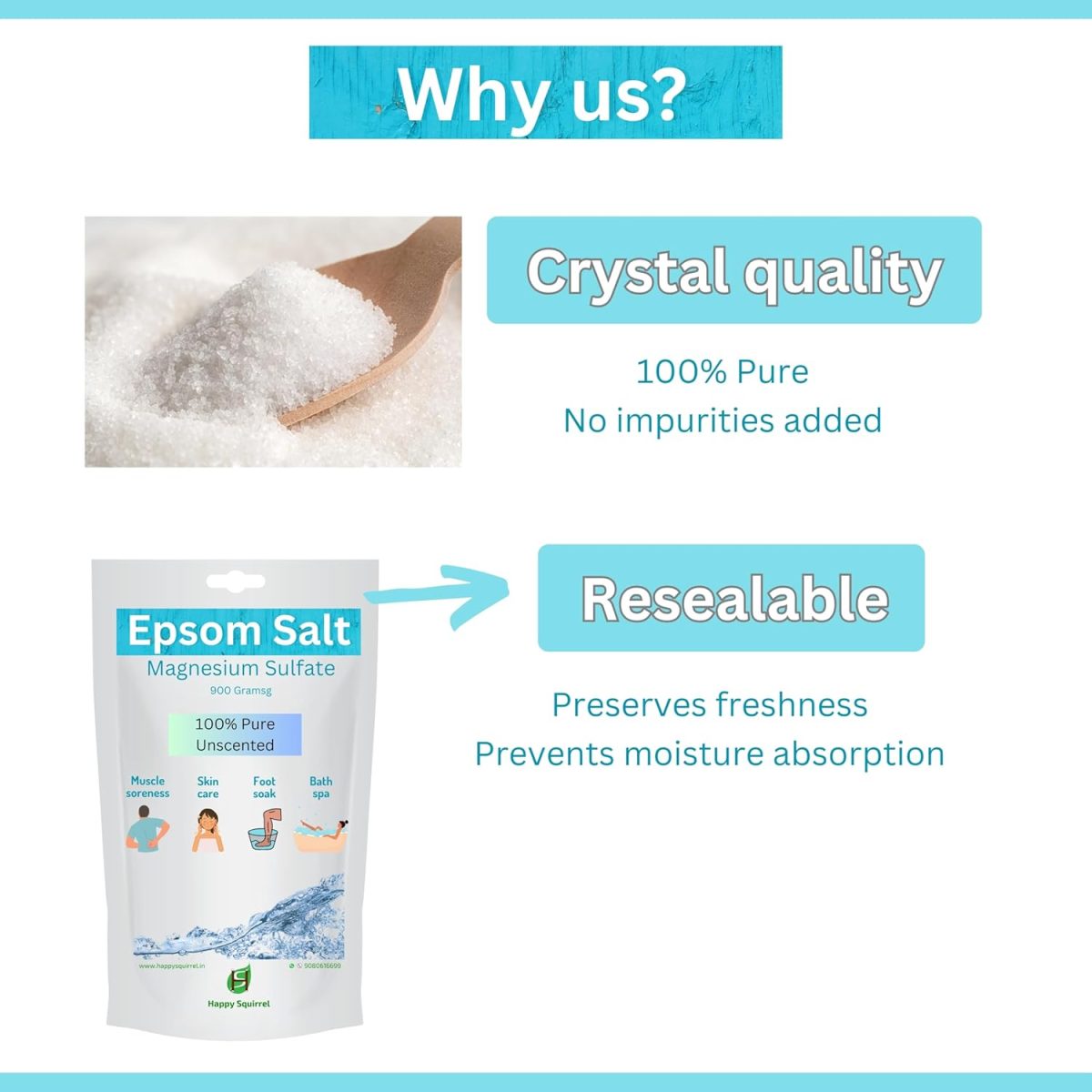 Happy Squirrel Epsom Salt for Foot | 100% Pure Epsom Salt for Bath | Unscented Magnesium Sulphate | Genuine alternate of Magnesium Oil for Feet and Pain Relief (900 Grams) - Image 6