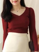 Stylish Ribbed V-Neck Full Sleeve Top for Women – Trendy Western Tops, Casual Office Wear T-Shirt Tops for Girls and Woman - Image 3