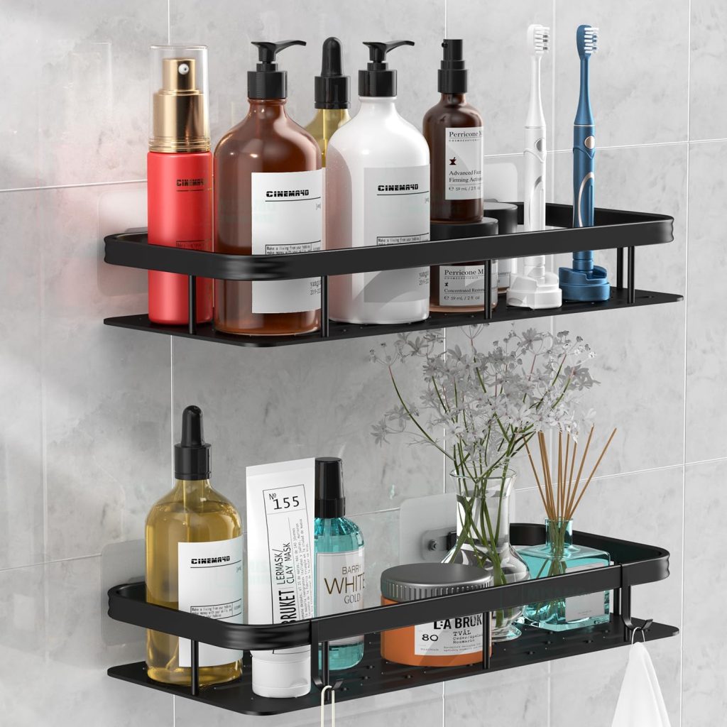 Misamo Enterprise Bathroom Wall Shelf Organiser, Adhesive Mount Storage Rack with Installation Kit (Shelf-Black, Pack of 2)