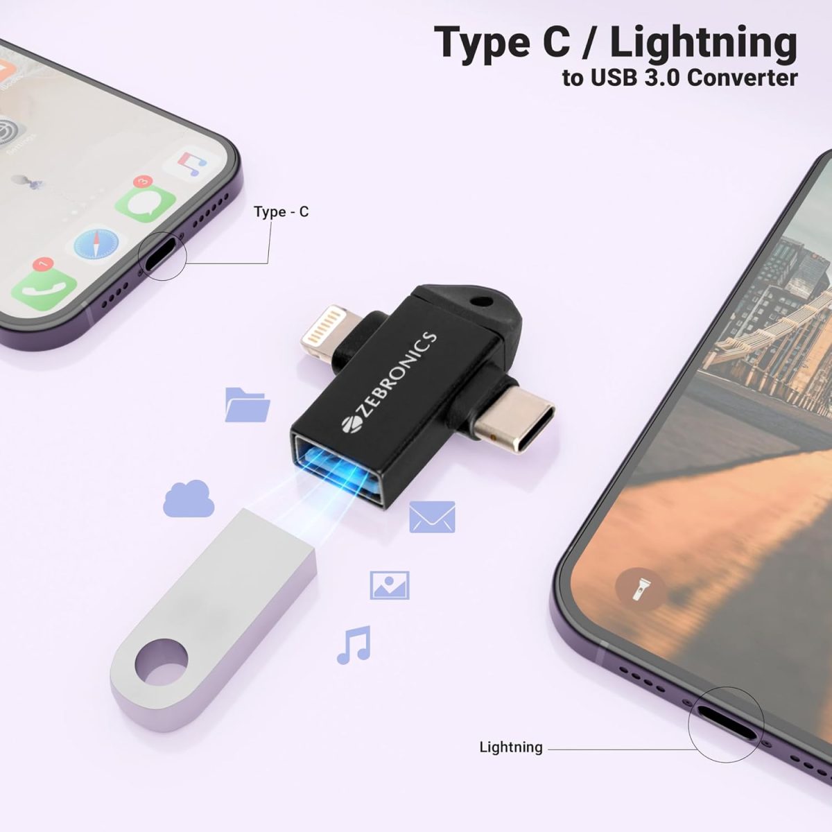 ZEBRONICS OTG2, 2 in 1 Lightning | Type C - USB OTG Converter, USB 3.0, Backward Compatible, Speeds Upto 5Gbps, Compatible with iPhone, iPad, Android, Laptop - Image 2