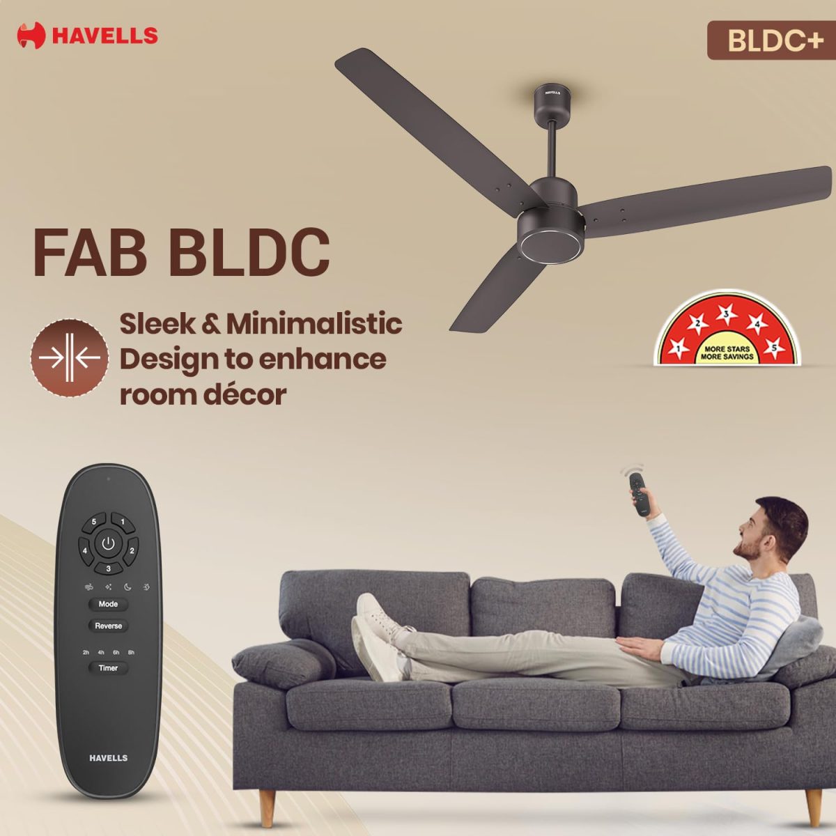 Havells FAB BLDC Ceiling Fan 1200mm, 350 RPM, Savings upto 65%, Reverse Rotation, 4 Modes (Boost, Sleep, Breeze, Mop), Low Wattage 30W, Low Noise, Air Flow:225 CMM, 3 Year Warranty, Cocoa Brown - Image 4