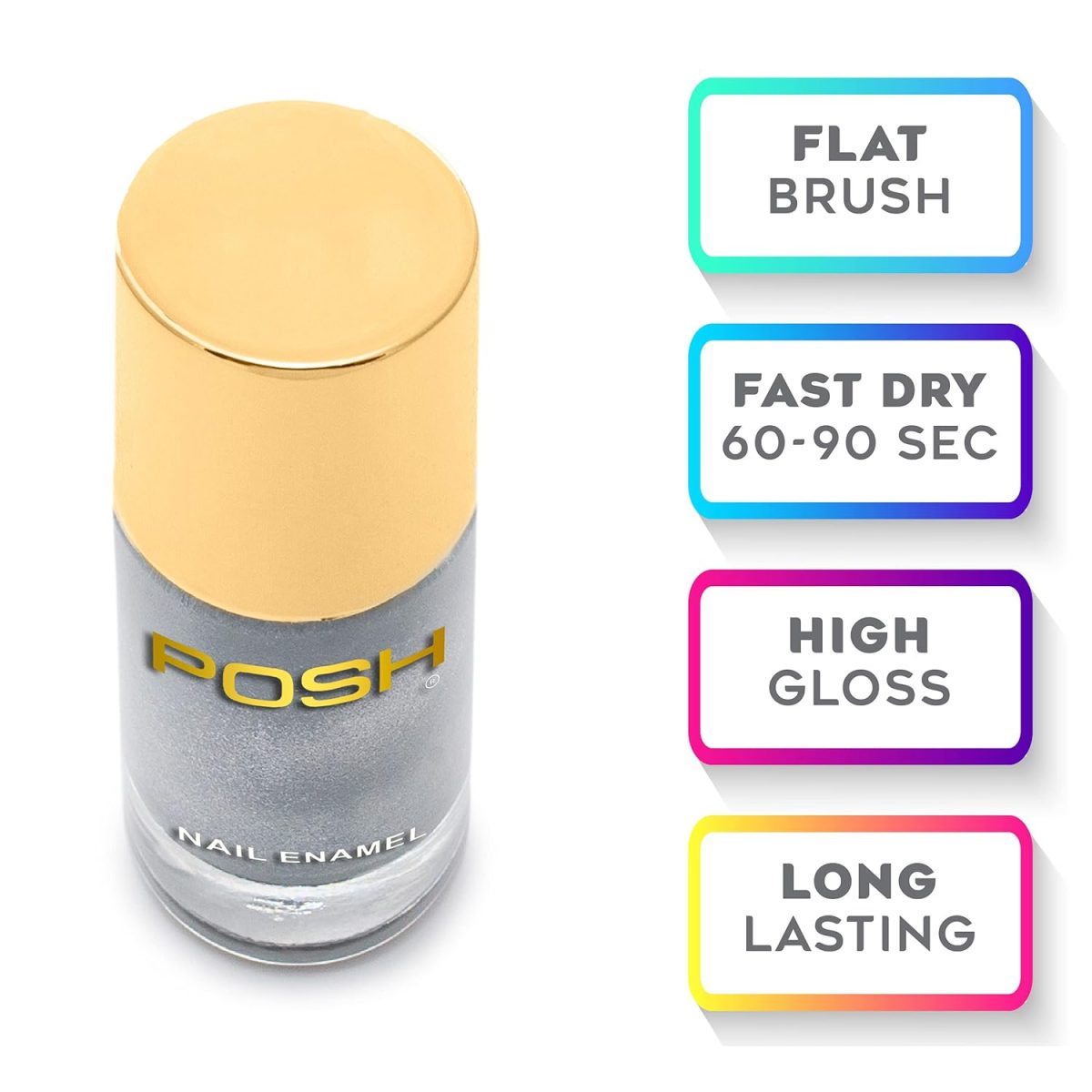 Posh HIGH GLOSS QUICK DRY Finish NAILPOLISH SILVER GOLDEN ROSEGOLD STEEL GREY, 9 ml - Image 2