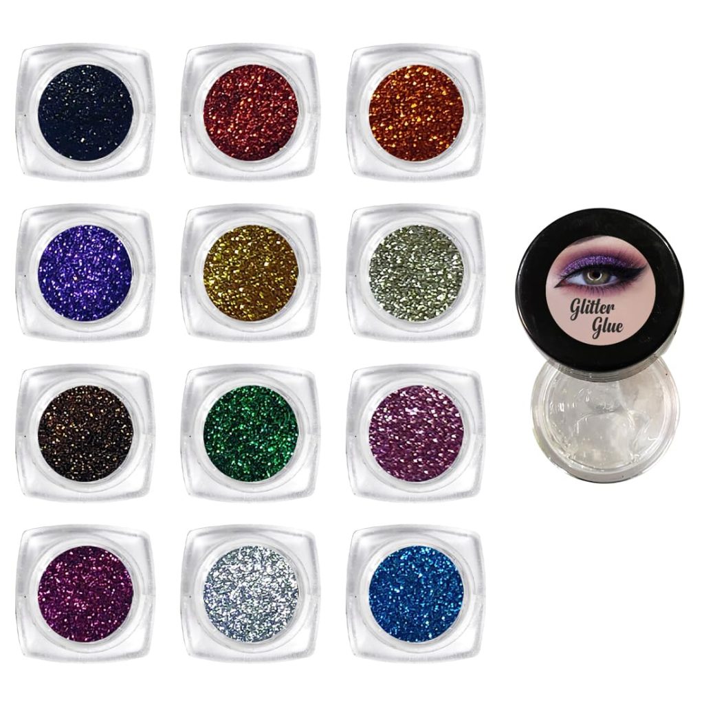 Vizo 12 Pcs Eyeshadow Glitter Powder with Glitter Glue, Multicolor