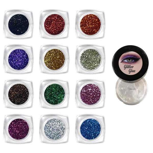 Vizo 12 Pcs Eyeshadow Glitter Powder with Glitter Glue, Multicolor
