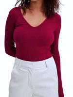 Stylish Ribbed V-Neck Full Sleeve Top for Women – Trendy Western Tops, Casual Office Wear T-Shirt Tops for Girls and Woman - Image 5
