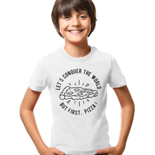 THREADCURRY Pizza Conquer | Funny Sarcasm Comic Quote Cotton Graphic Printed Tshirt for Boys White