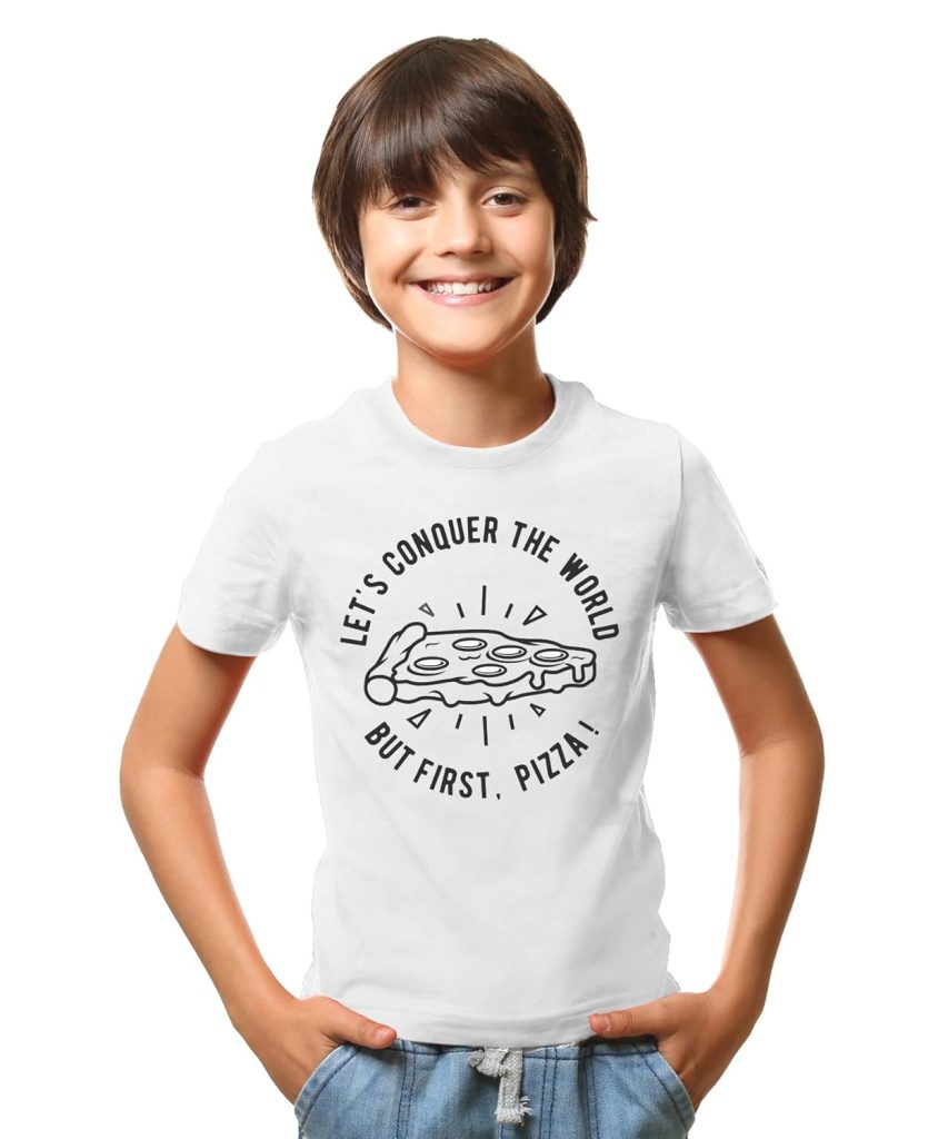THREADCURRY Pizza Conquer | Funny Sarcasm Comic Quote Cotton Graphic Printed Tshirt for Boys White