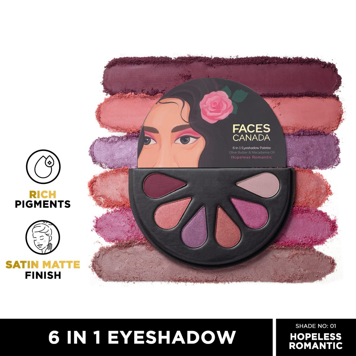 FACESCANADA 6 in 1 Eyeshadow Palette - Hopeless Romantic 01, 6g | Olive Butter & Macadamia Oil | Vibrant Colors | Highly Pigmented | Easily Blendable | Silky Satin Texture | No Crease | Cruelty-Free - Image 2