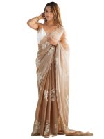 AKHILAM Women's Shimmer Organza Sequence Embroidery Saree With Unstitched Blouse Piece